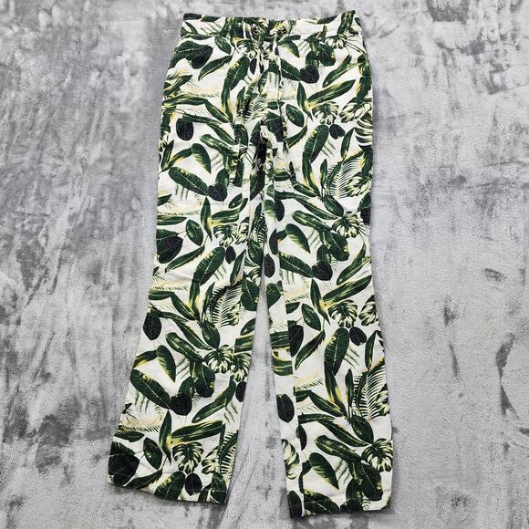 Per Se Pants Women M Green White Linen Viscose Pull On Tropical Botanical Leaves - Picture 1 of 10